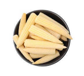 Bowl of pickled baby corn isolated on white, top view