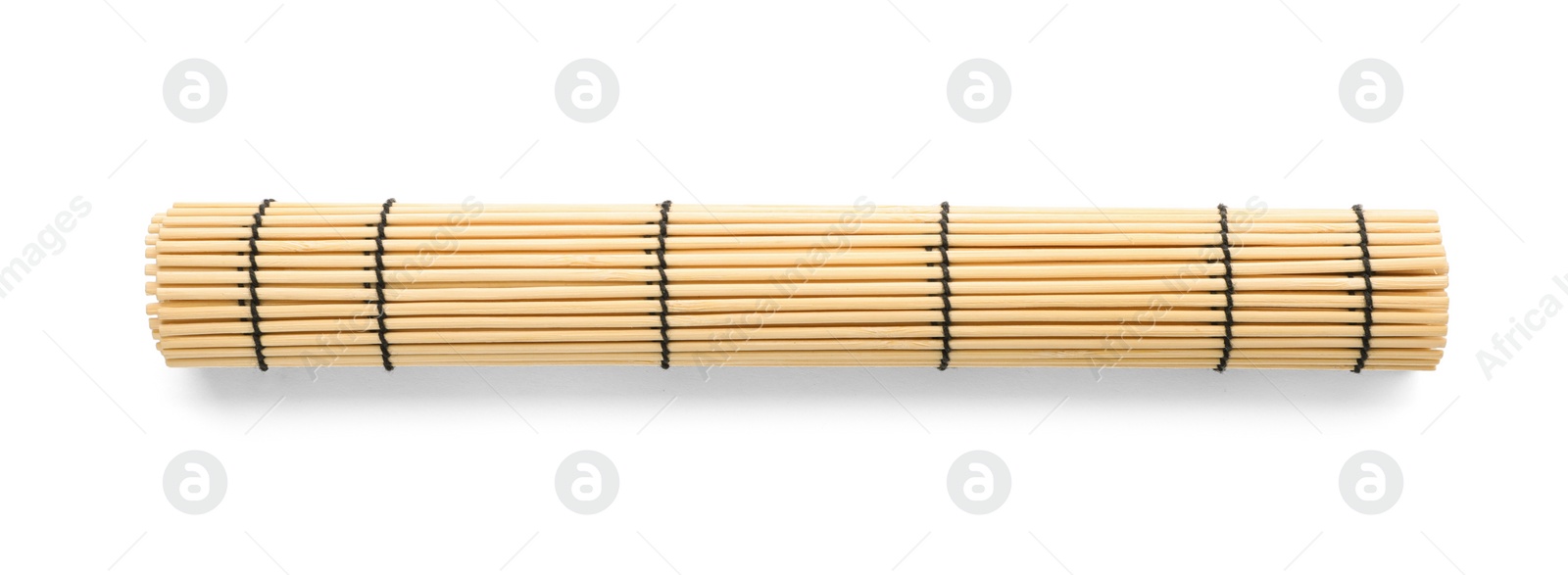 Photo of Rolled sushi mat made of bamboo on white background, top view