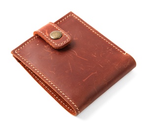 Photo of Closed stylish leather wallet on white background