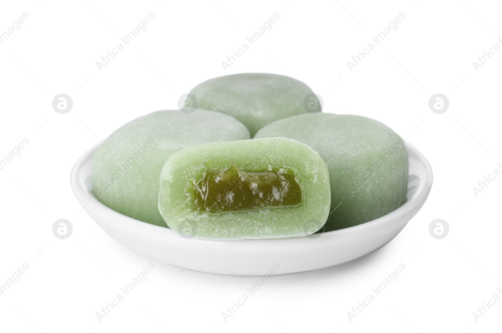 Photo of Plate with delicious mochi on white background. Traditional Japanese dessert