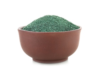 Photo of Bowl of spirulina algae powder isolated on white