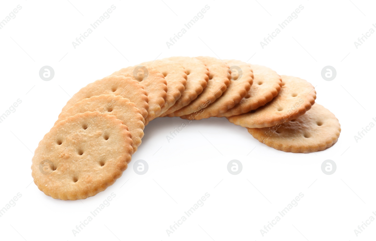 Photo of Crispy crackers isolated on white. Delicious snack