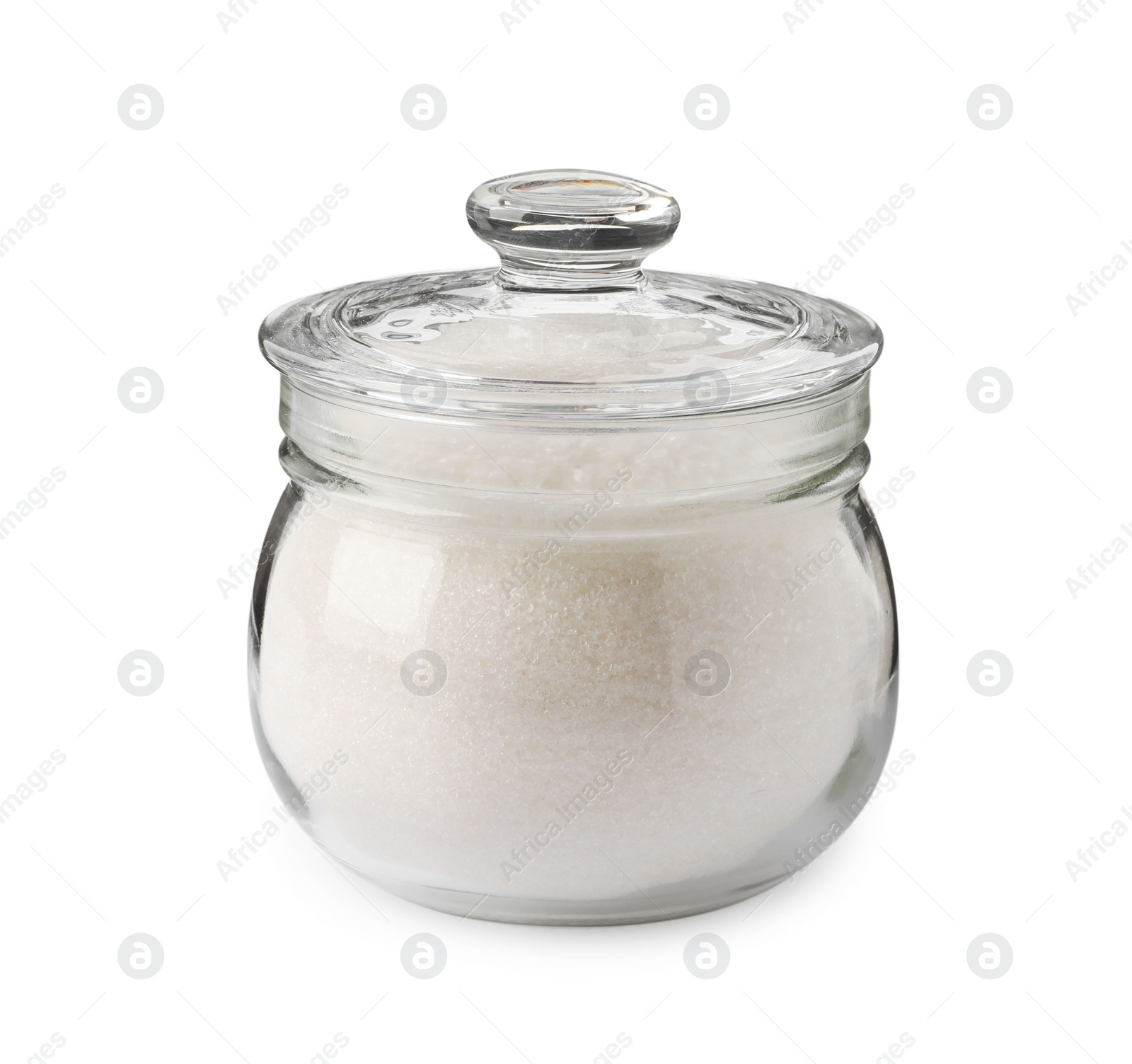 Photo of Glass jar of granulated sugar isolated on white