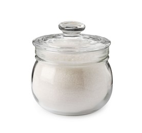 Glass jar of granulated sugar isolated on white