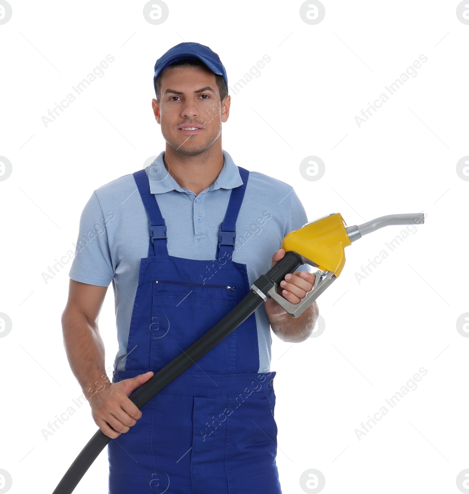 Photo of Gas station worker with fuel nozzle on white background