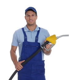 Photo of Gas station worker with fuel nozzle on white background