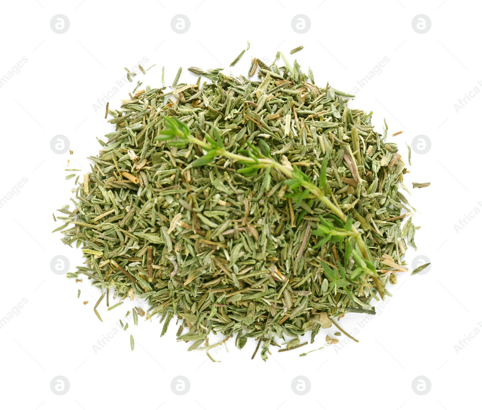 Photo of Pile of dried thyme and fresh herb isolated on white, top view