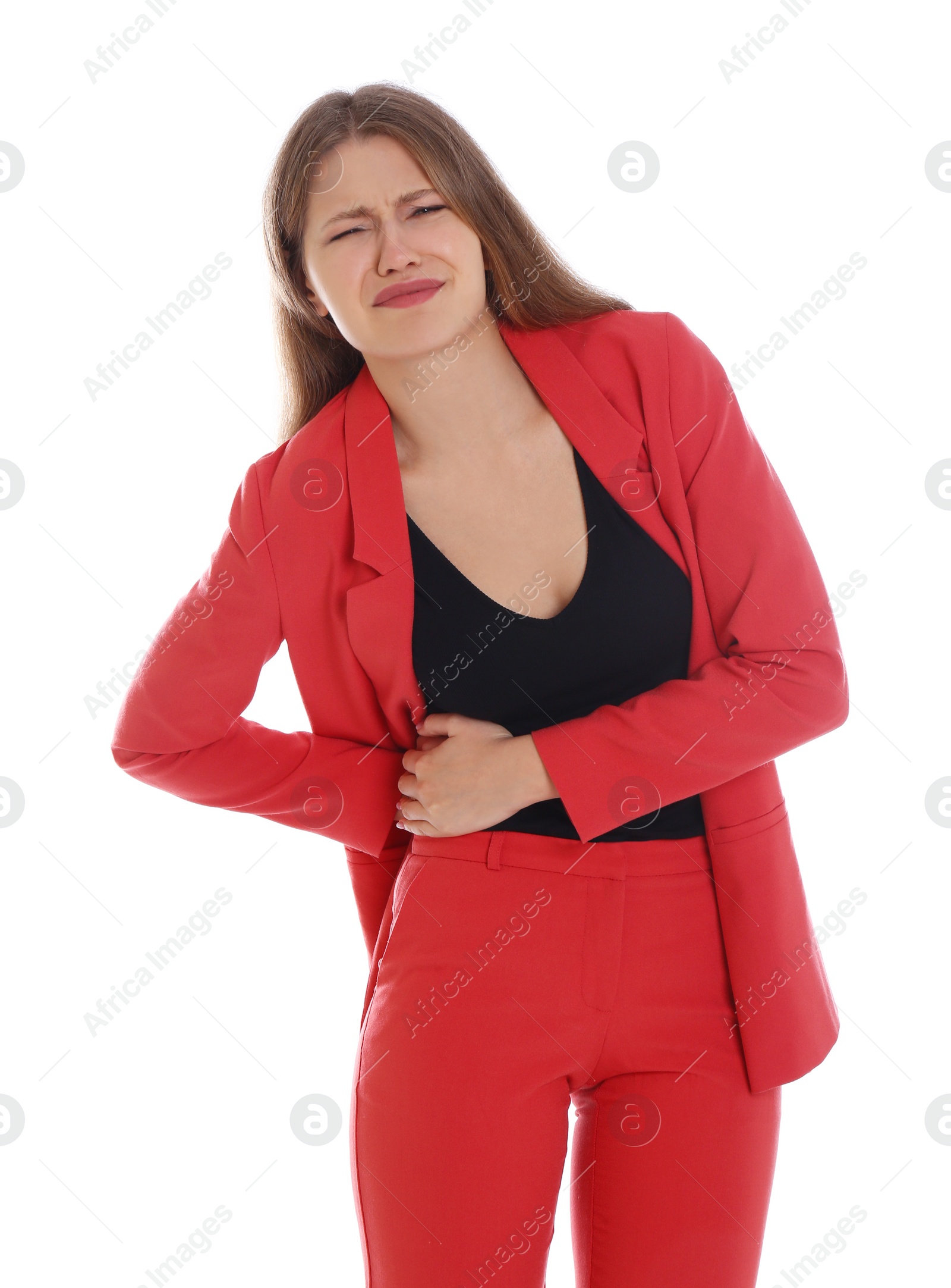 Photo of Woman suffering from pain in right side on white background