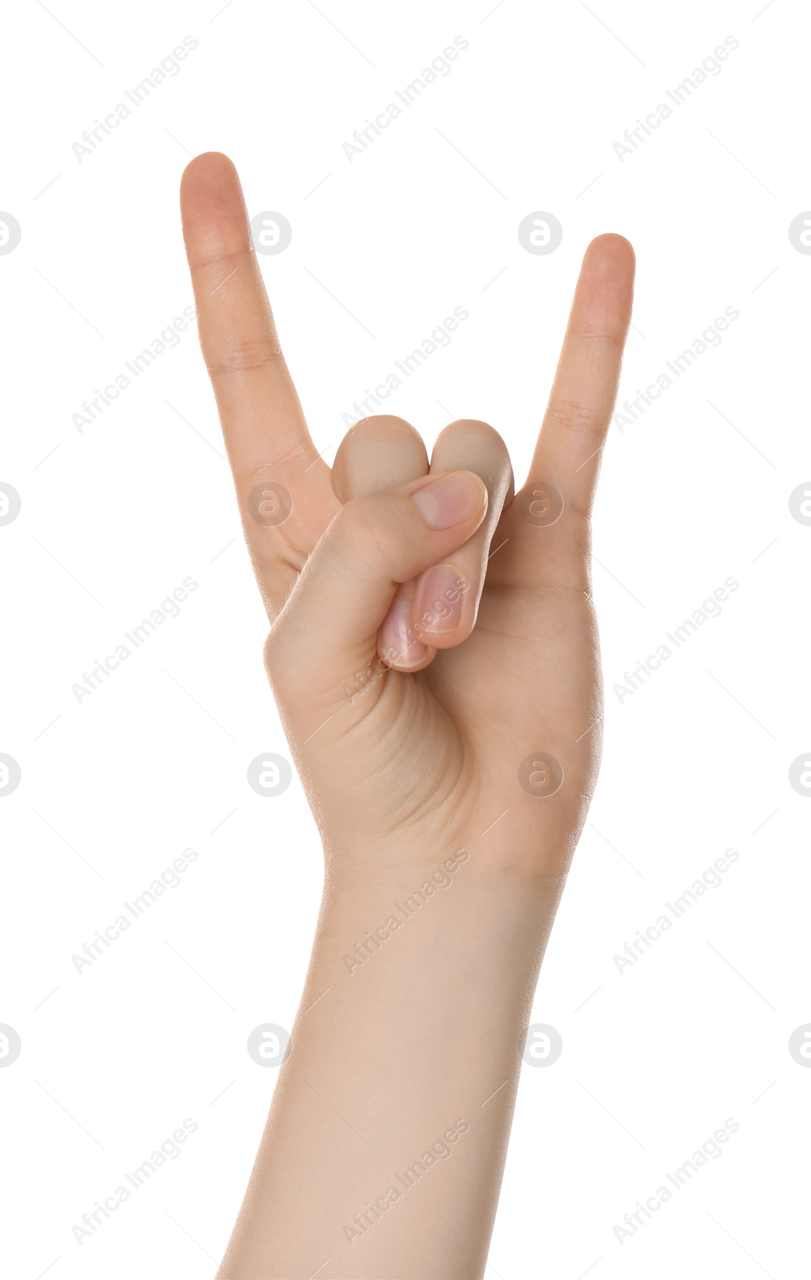 Photo of Woman showing gesture of horns isolated on white, closeup