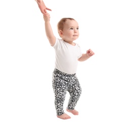 Photo of Woman holding her baby's hand on white background. Learning to walk