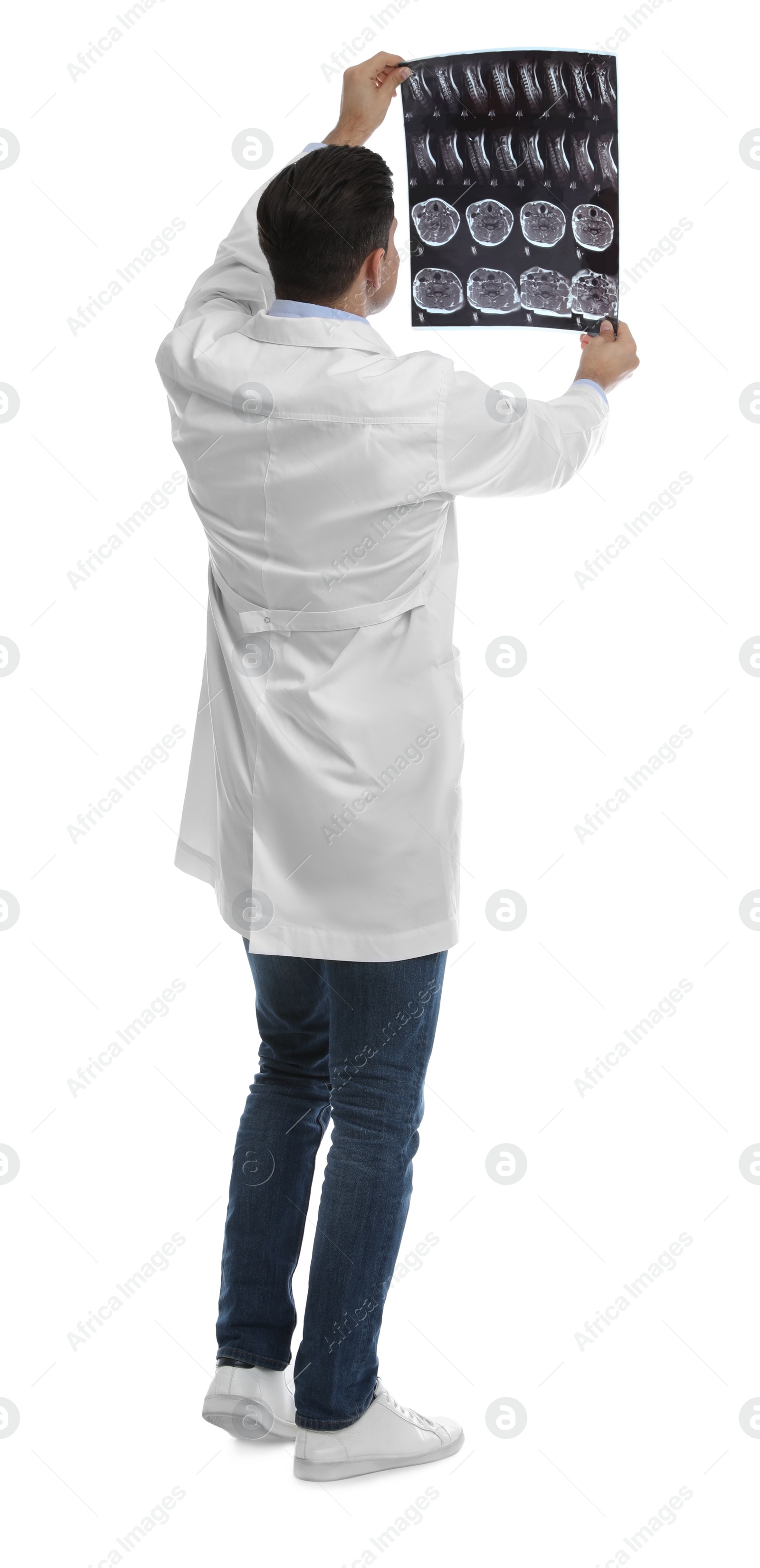 Photo of Orthopedist holding X-ray picture on white background