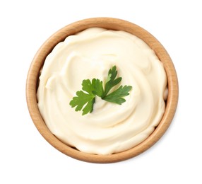 Photo of Bowl with delicious mayonnaise and parsley isolated on white, top view