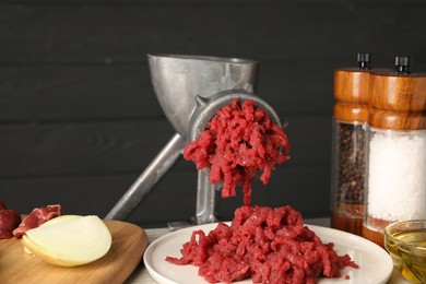 Metal meat grinder with minced beef and spices on light wooden table