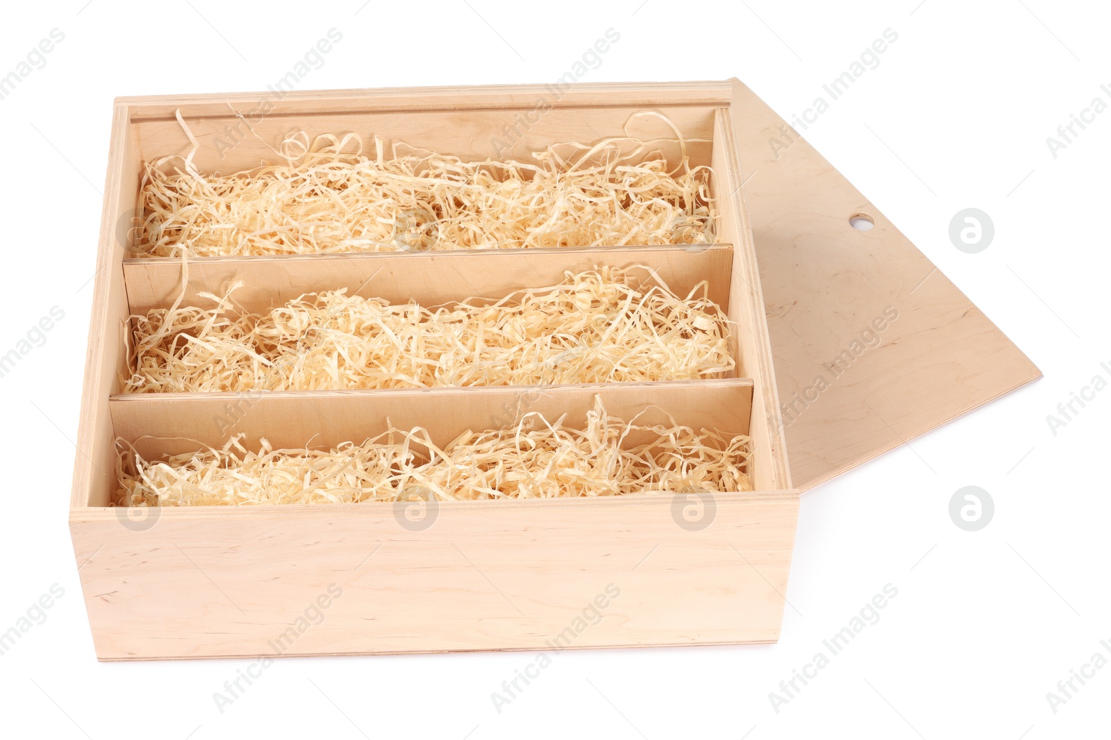 Photo of Open wooden wine box with straw isolated on white