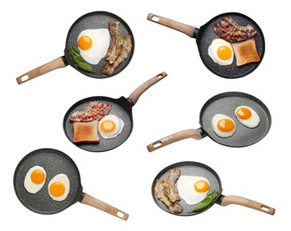 Image of Set with tasty fried eggs, bacon and bread on white background