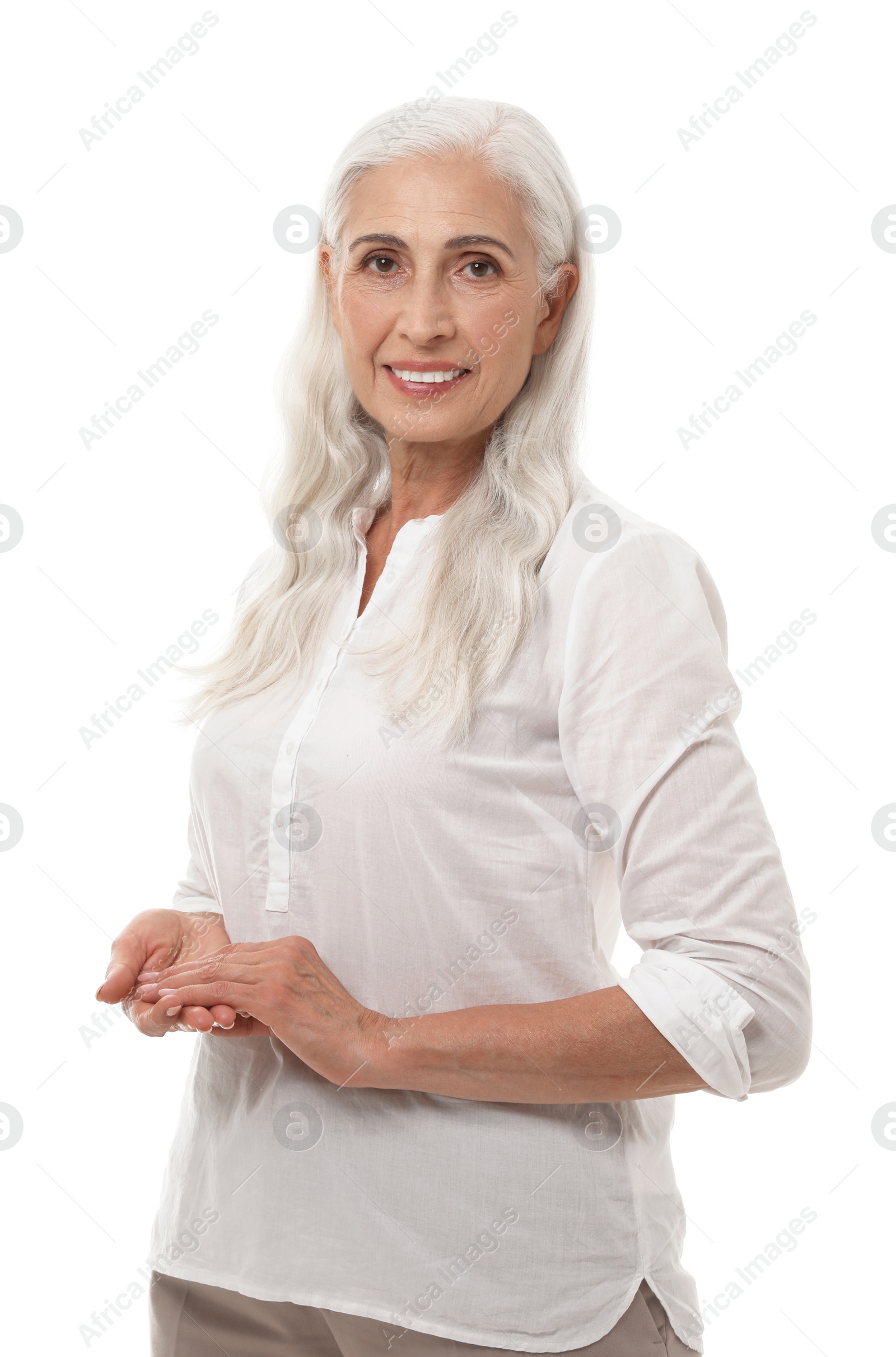 Photo of Portrait of beautiful mature woman on white background