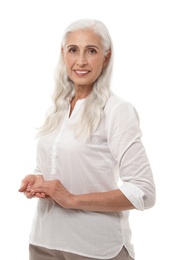 Portrait of beautiful mature woman on white background