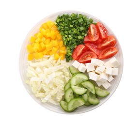 Chinese cabbage and other ingredients for salad isolated on white, top view