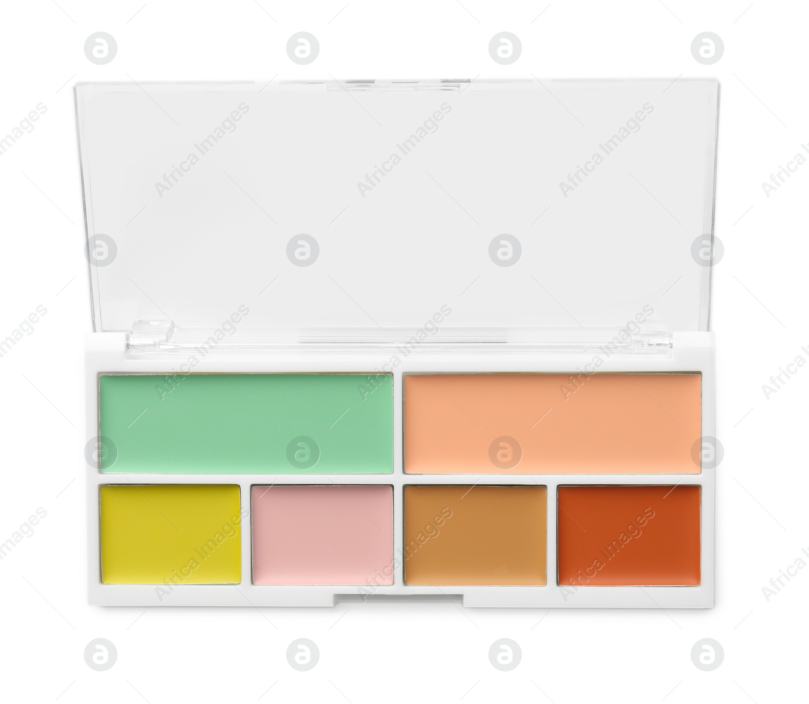 Photo of Colorful correcting concealer palette isolated on white, top view