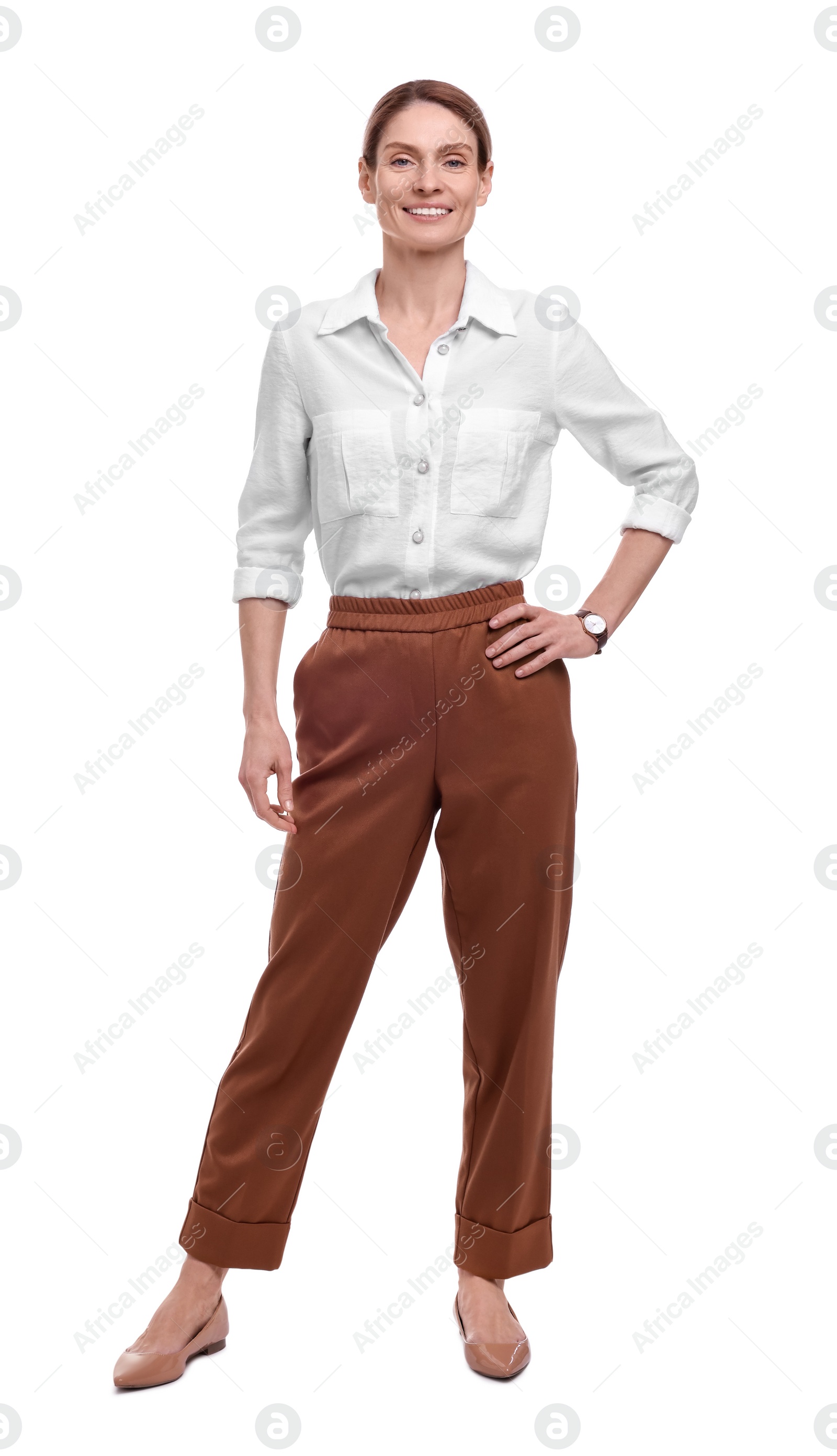 Photo of Full length portrait of beautiful happy businesswoman on white background