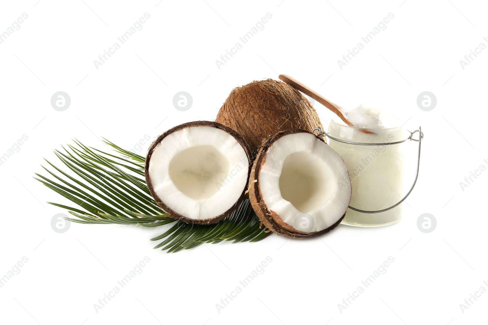 Photo of Composition with organic coconut oil on white background. Healthy cooking