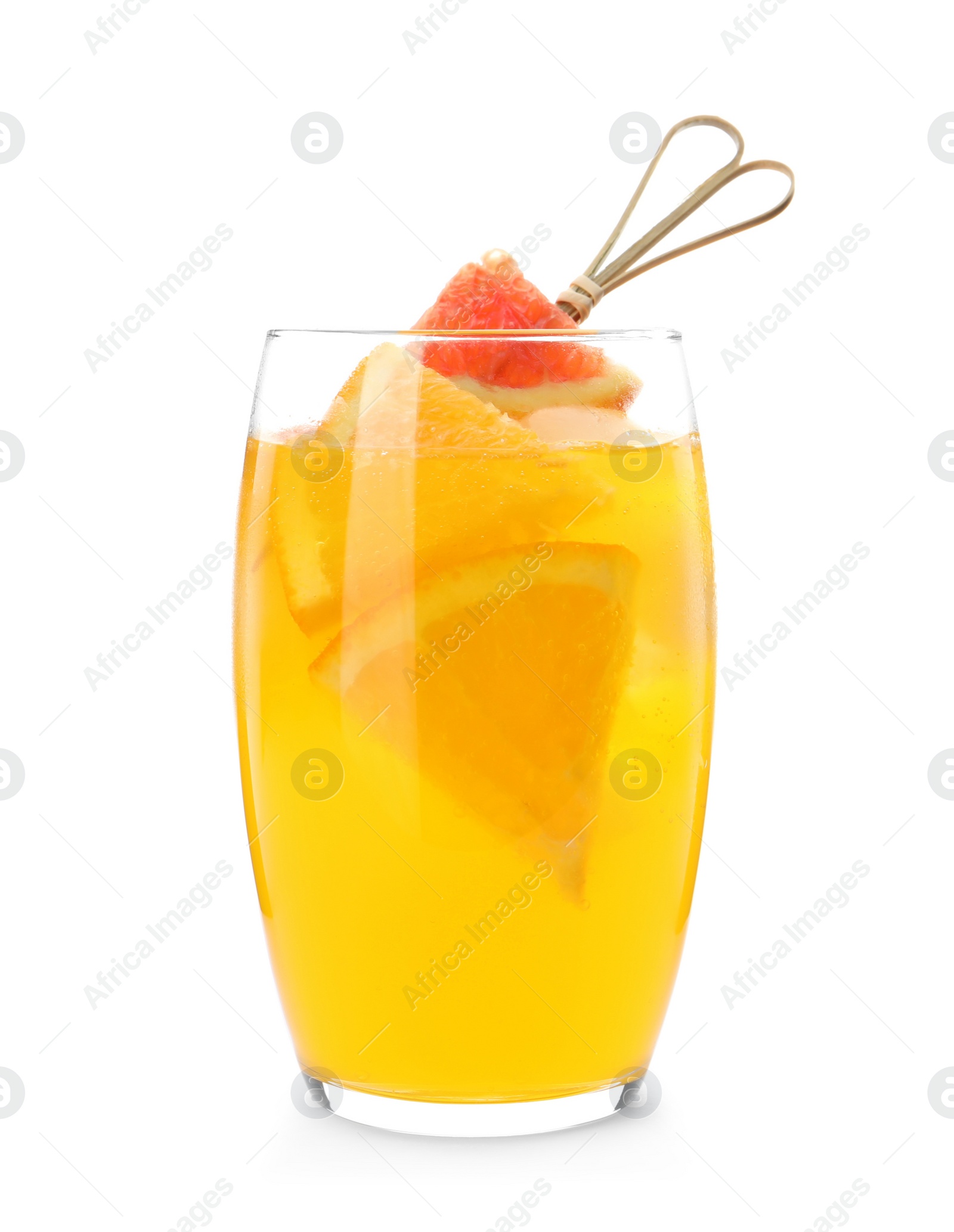 Photo of Delicious orange soda water on white background