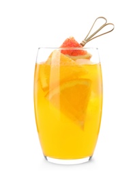 Delicious orange soda water on white background