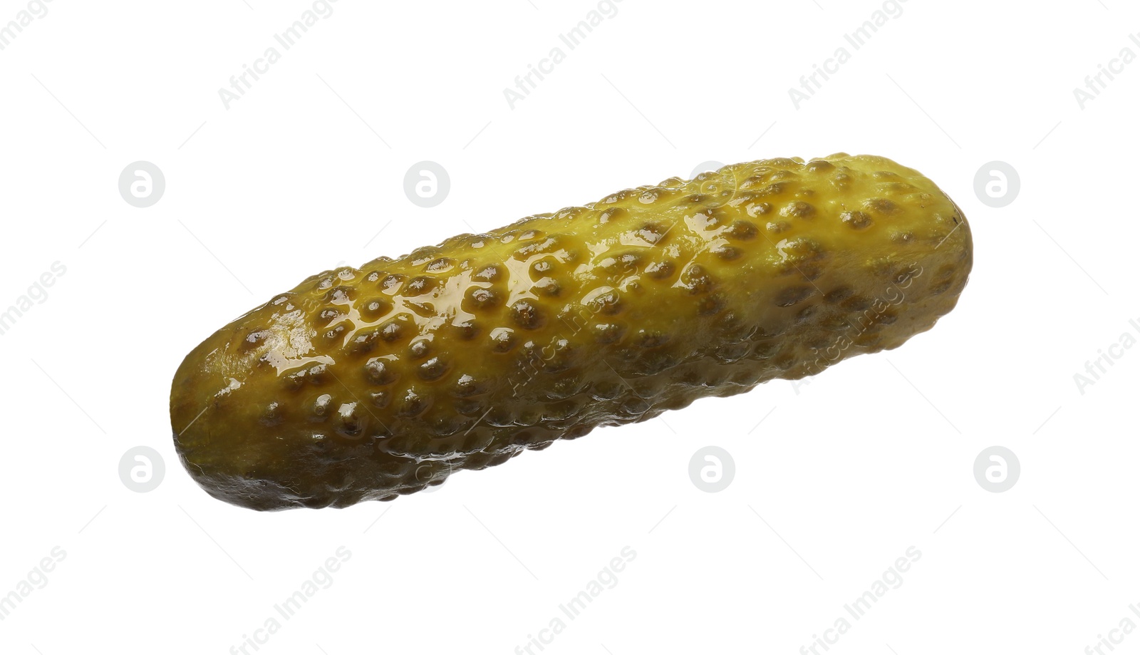 Photo of One tasty pickled cucumber isolated on white