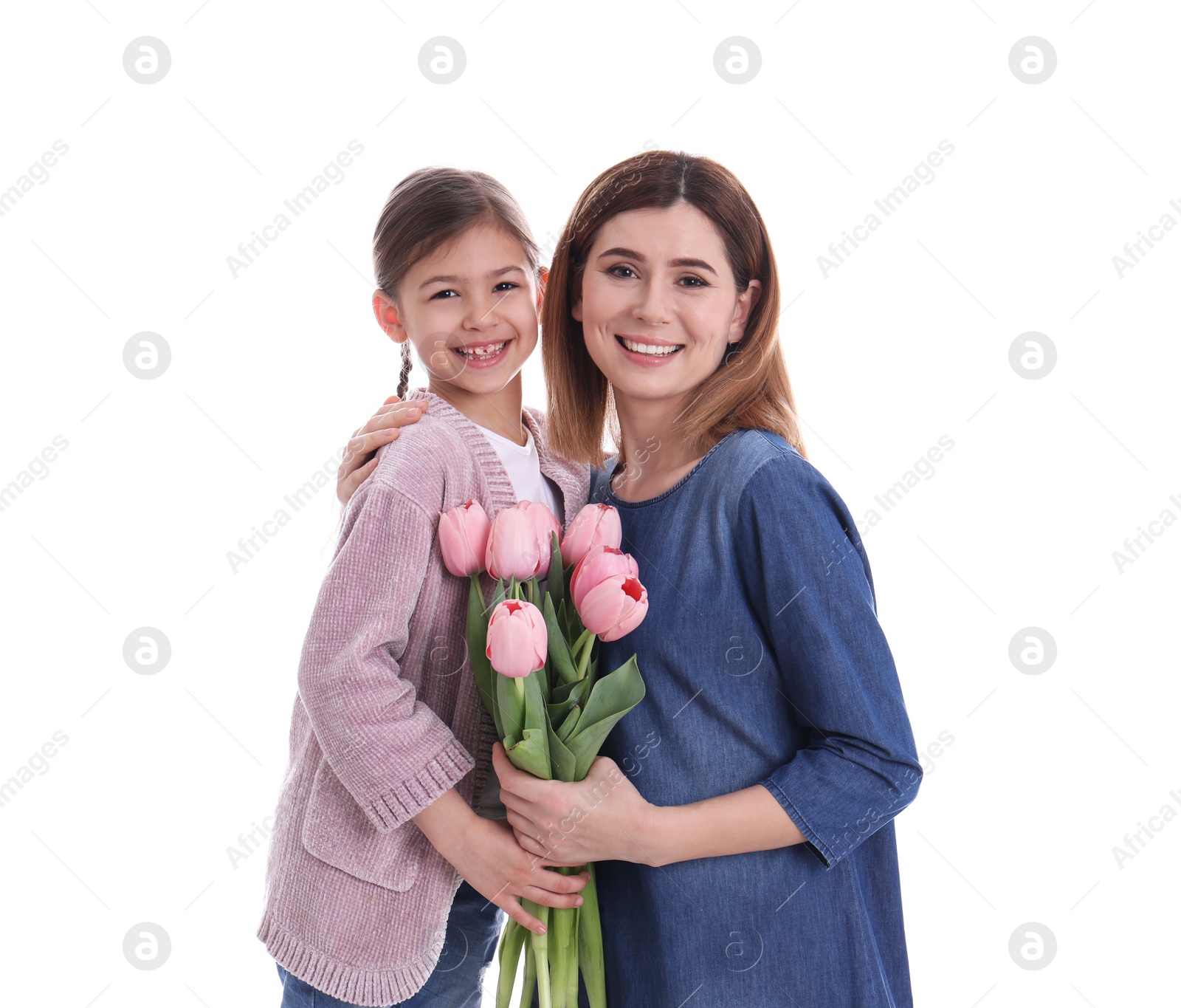 Photo of Happy mother and daughter with flowers on white background. International Women's Day