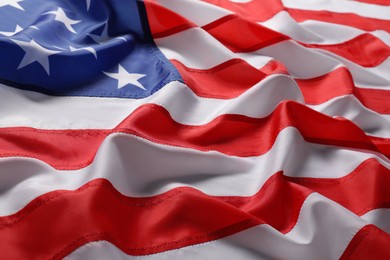 Photo of Beautiful national flag of USA as background, closeup