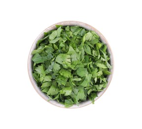 Photo of Chopped parsley leaves in bowl isolated on white, top view
