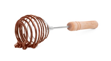 Whisk with chocolate cream on white background, space for text