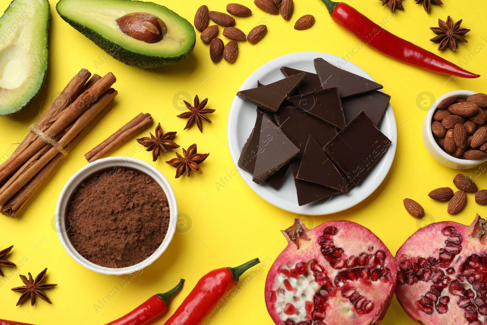 Photo of Natural aphrodisiac. Different products on yellow background, flat lay