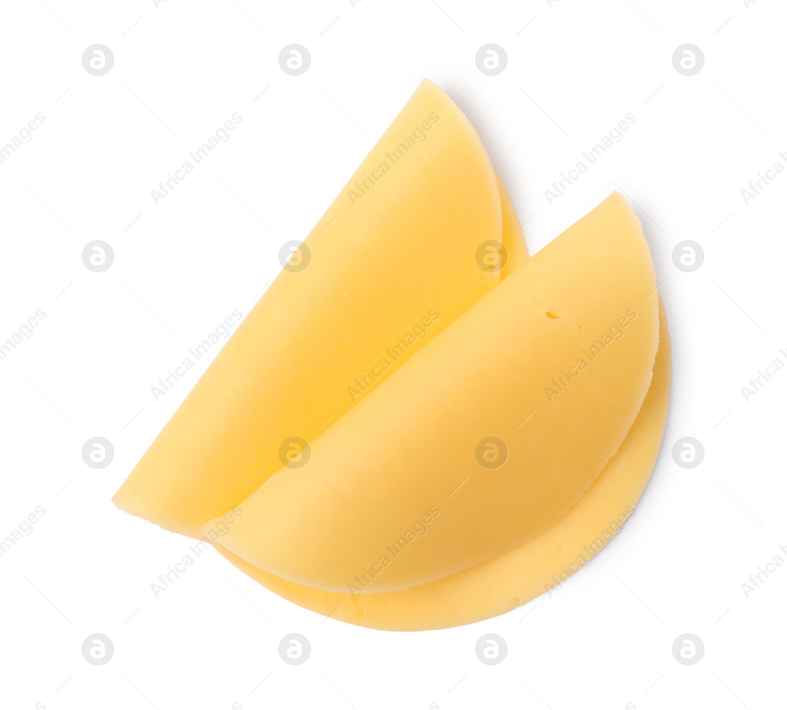 Photo of Slices of tasty fresh cheese isolated on white, top view