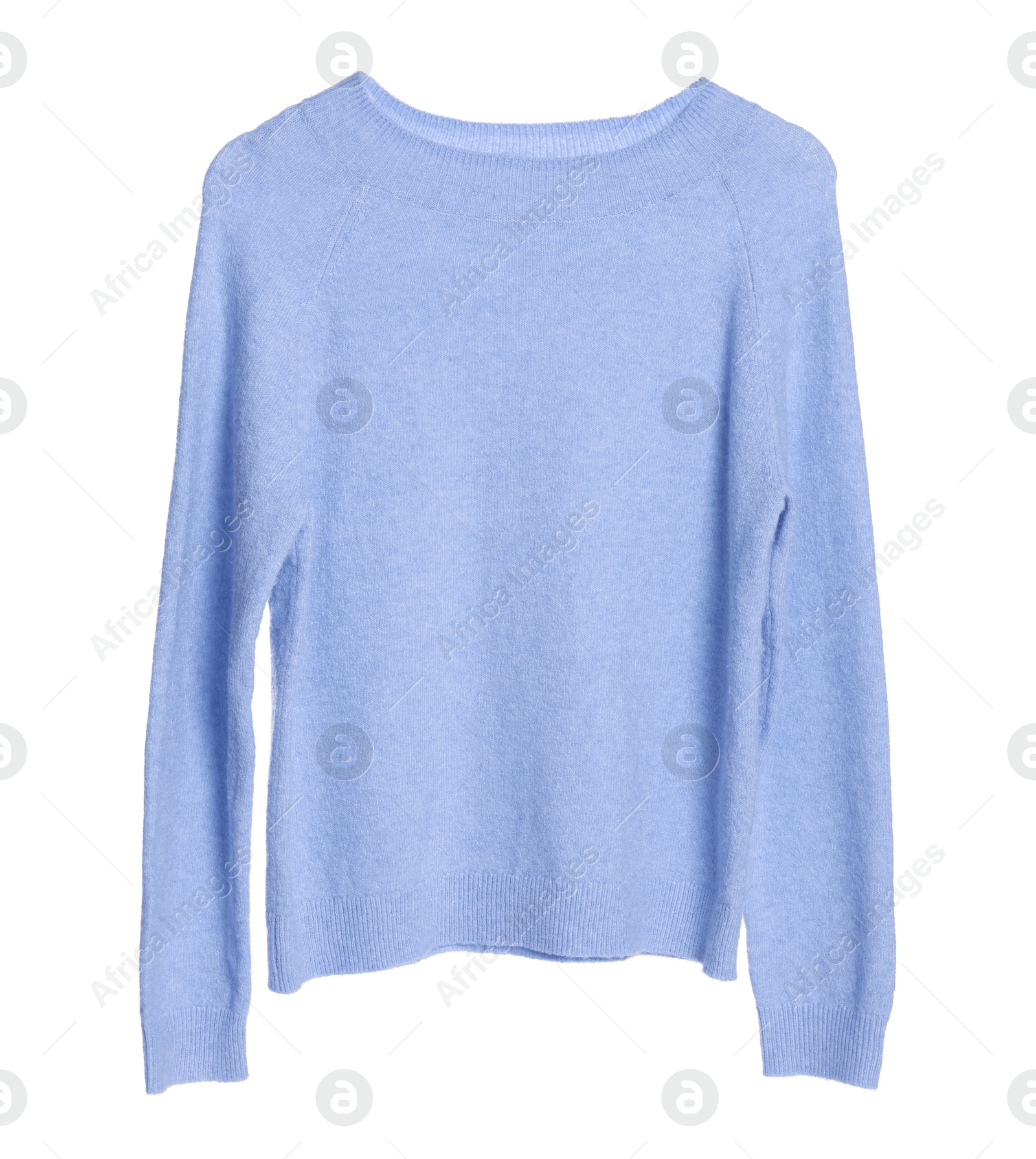 Photo of Stylish light blue sweater isolated on white. Women`s clothes