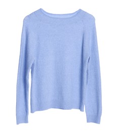 Photo of Stylish light blue sweater isolated on white. Women`s clothes