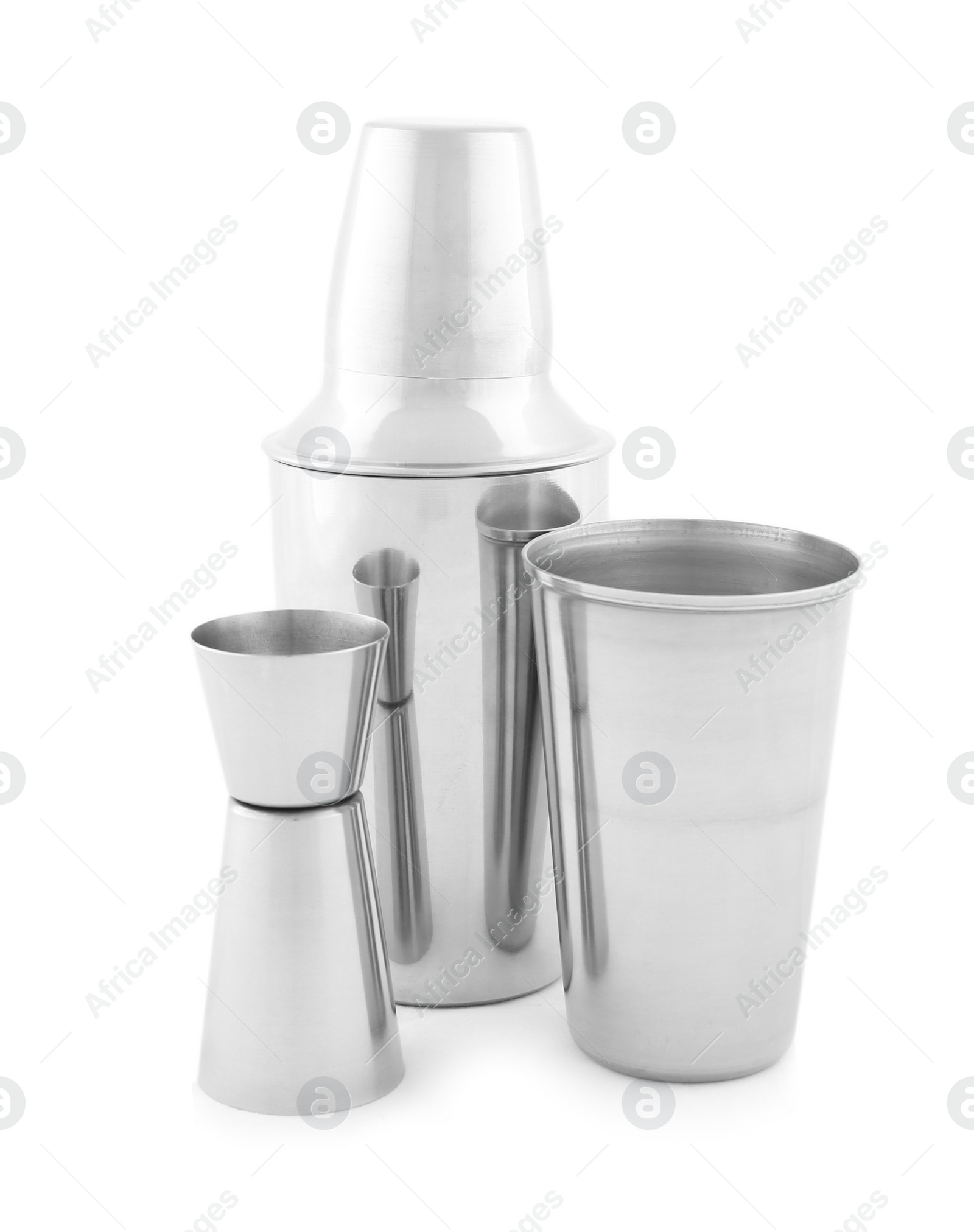 Photo of Clean metal bartender equipment on white background