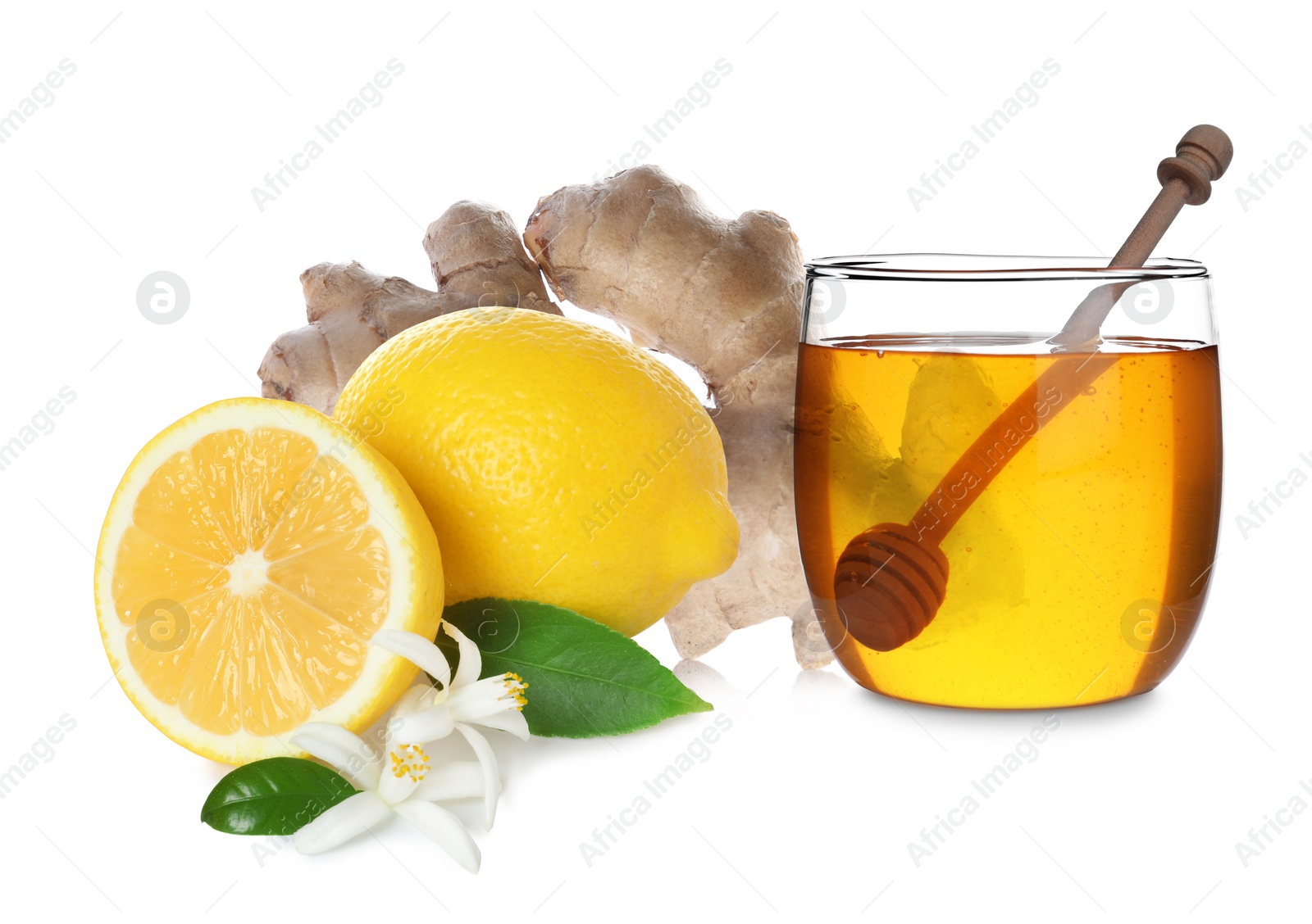 Image of Ginger root, lemons and honey on white background