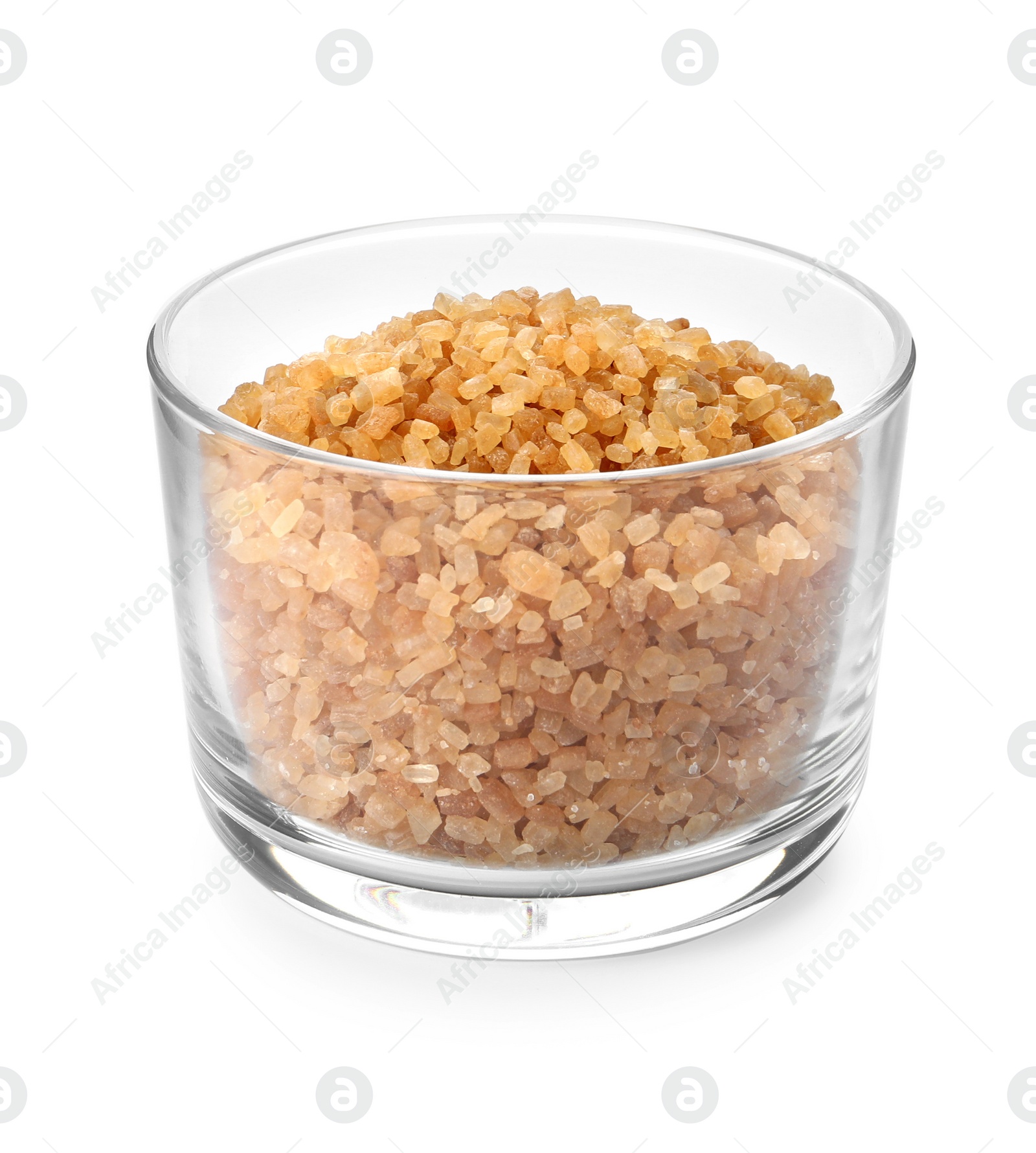 Photo of Glass bowl with brown sugar isolated on white