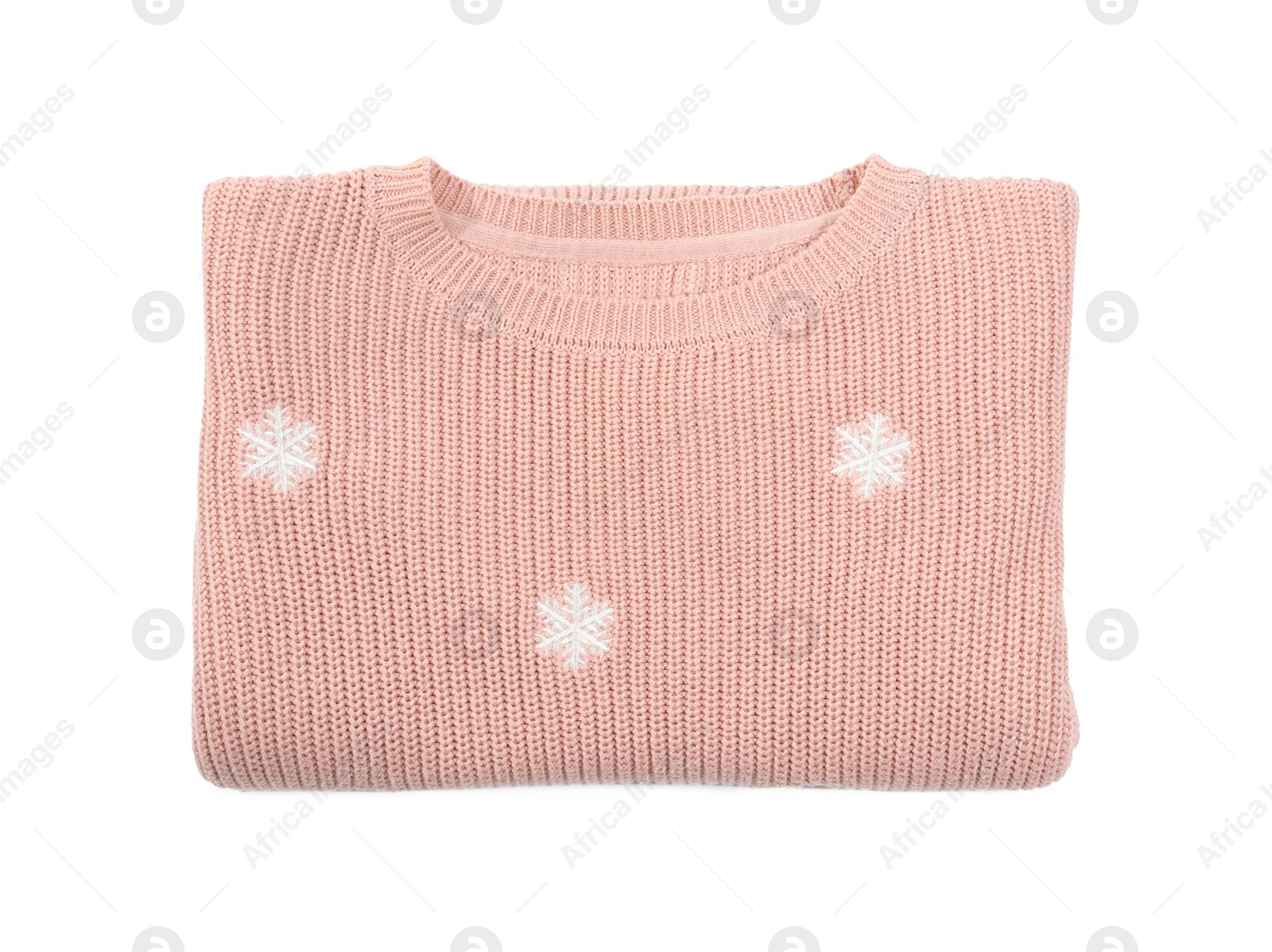 Photo of Folded cozy warm sweater on white background, top view