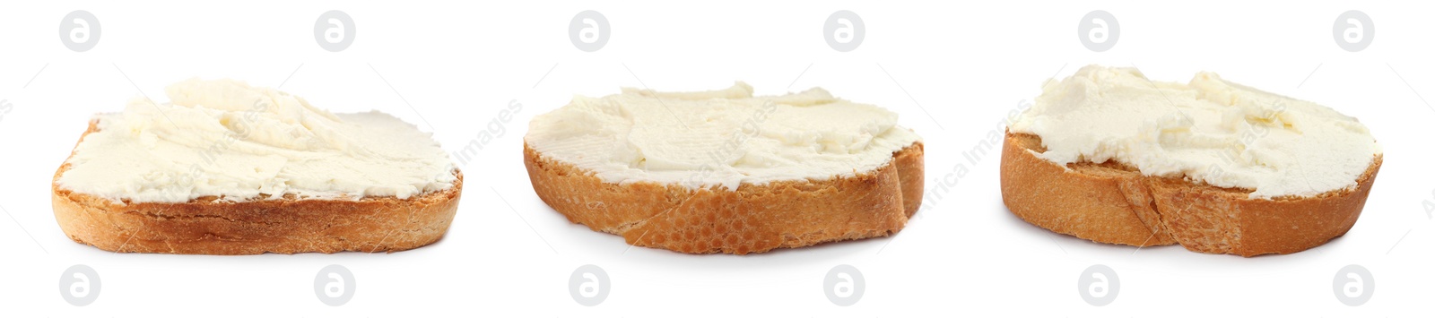 Image of Toasted bread with tasty cream cheese on white background, collage. Banner design