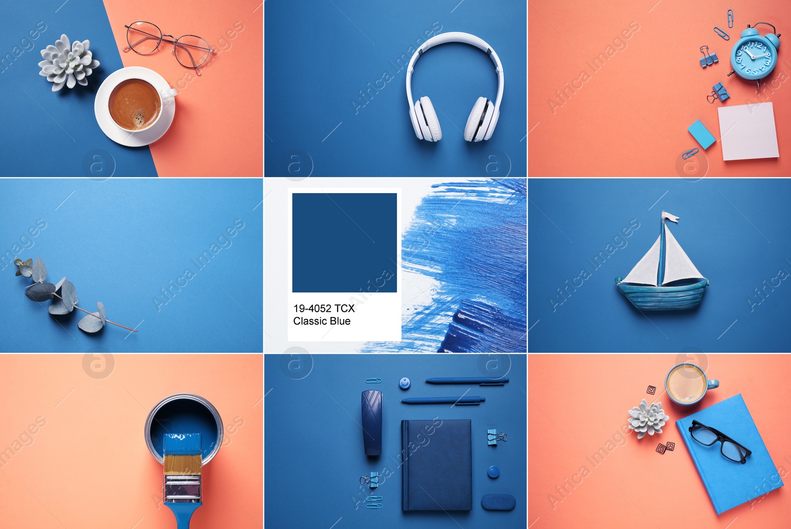 Image of Collage made with different photos inspired by color of the year 2020 (Classic blue)