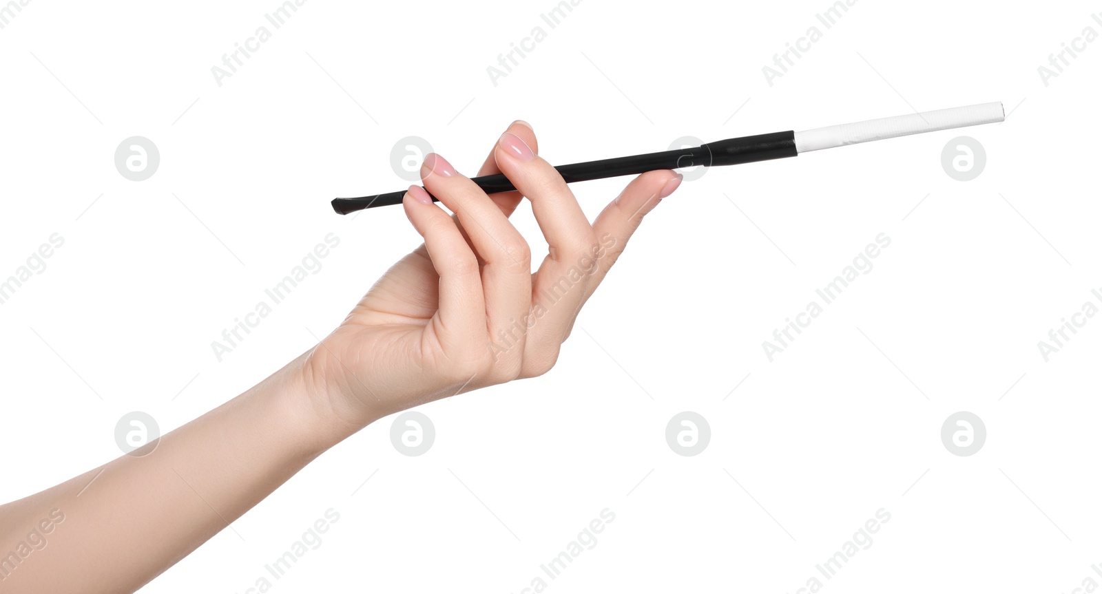 Photo of Woman holding long cigarette holder isolated on white, closeup