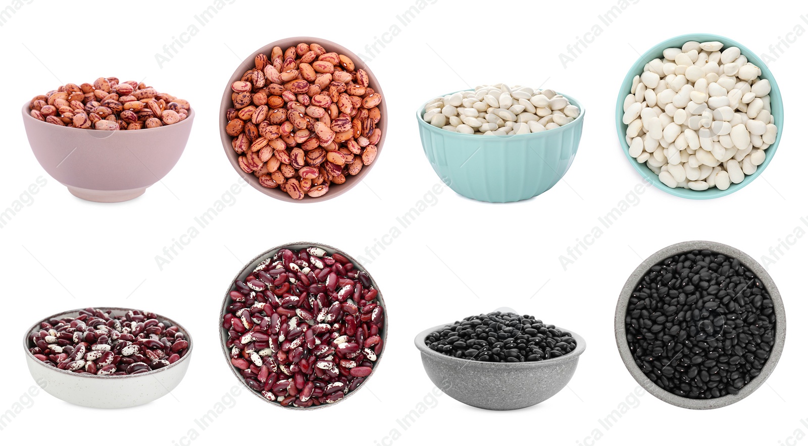 Image of Different raw kidney beans in bowls isolated on white. Collection with top and side views