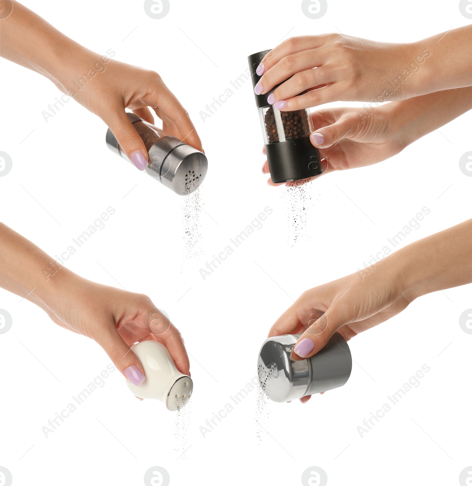 Image of Collage with photos of women holding pepper shakers on white background, closeup