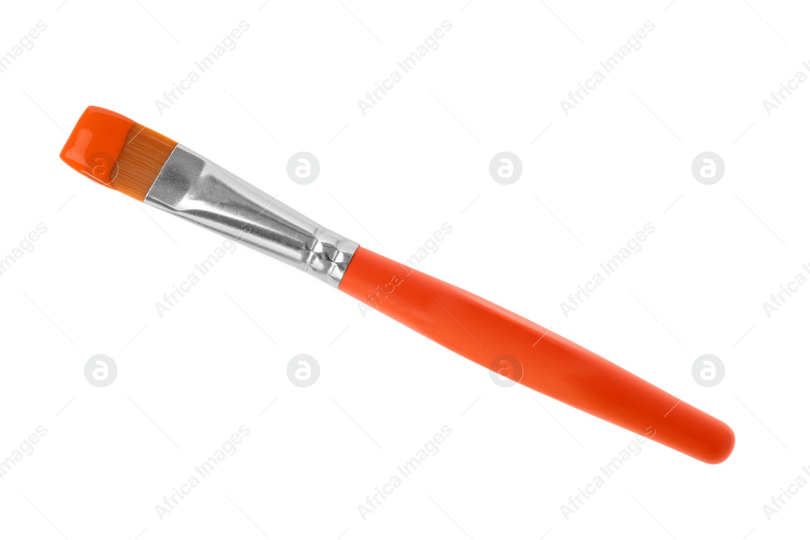 Photo of Brush with color paint on white background, top view