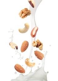 Delicious natural nut milk on white background