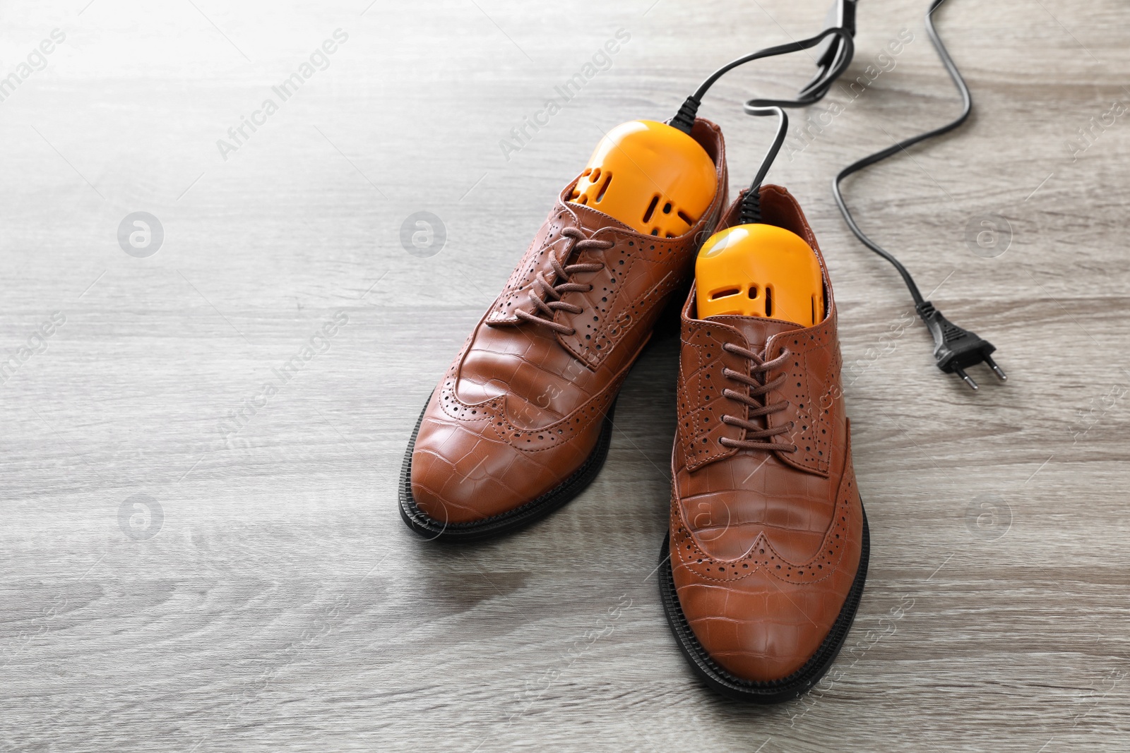 Photo of Pair of stylish shoes with modern electric footwear dryer on wooden background. Space for text