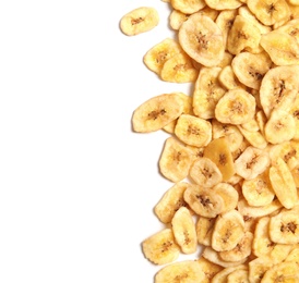 Photo of Tasty banana slices on white background, top view with space for text. Dried fruit as healthy snack