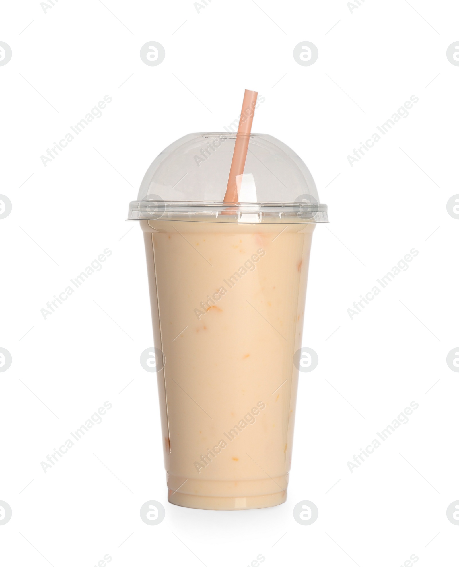 Photo of Plastic cup of tasty smoothie isolated on white